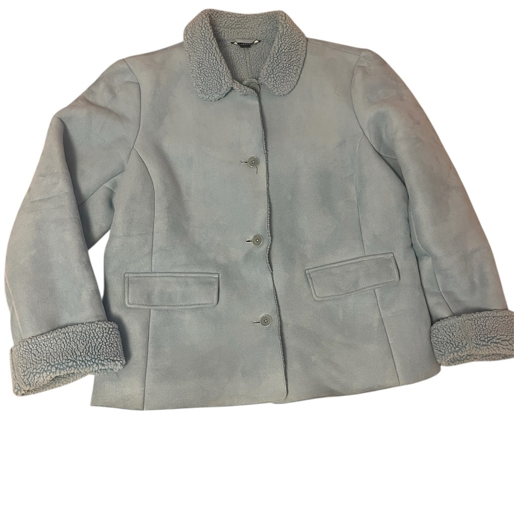Lands' End L 14-16 Light Blue Ladies Faux Suede Sherpa Lined Coat Jacket pockets